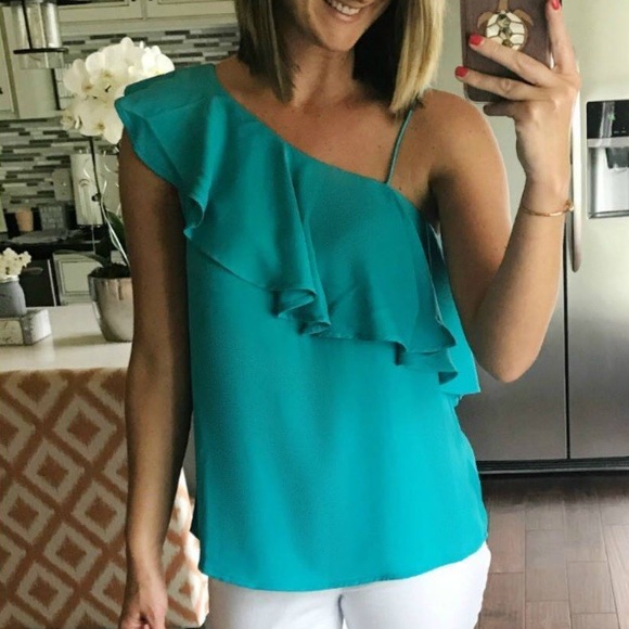 Naked Zebra Tops - Naked Zebra One-Shoulder turquoise Ruffle Blouse Medium
